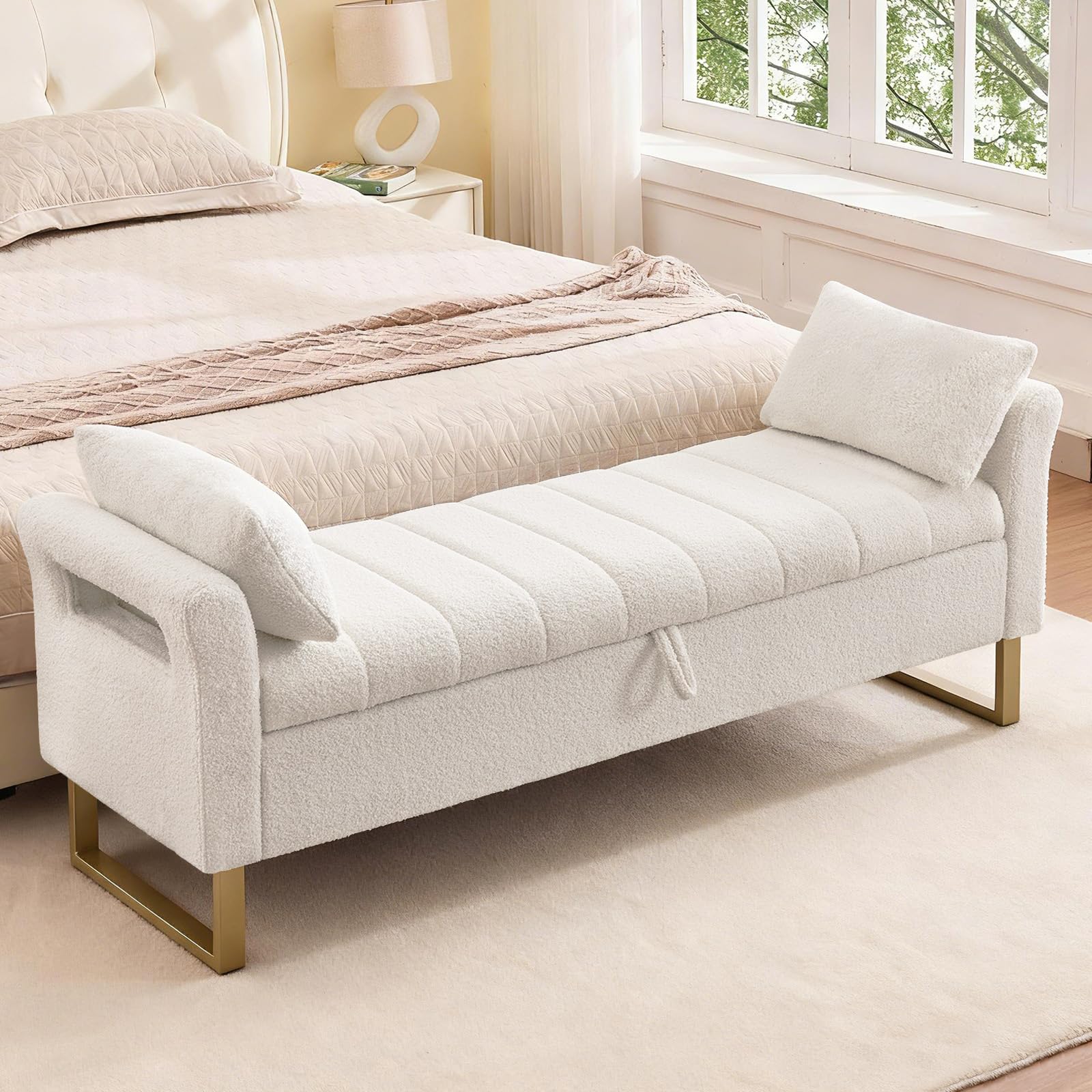 King Size Cream White Teddy Storage Bench for Bedroom Foot of Bed with Armrest and Pillows